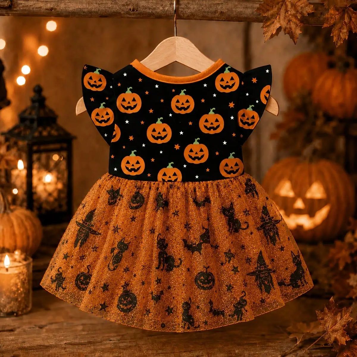 Halloween Pumpkin Print Dog Dress With Bow - Comfortable And Breathable Everyday Wear Pet Apparel For All Seasons