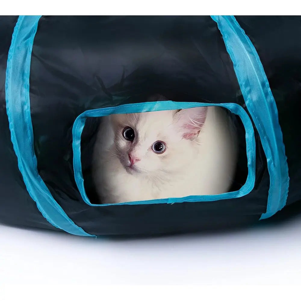 Collapsible Cat Play Tunnel, Interactive Toy Maze Cat House with 1 Play Ball for Cats, Puppies, Kittens, Rabbits (Blue & Black)