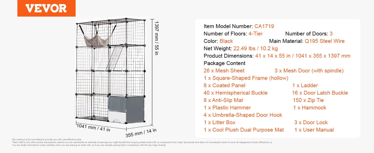 SucceBuy Detachable Metal Cat Cage With Front Doors Hammock
