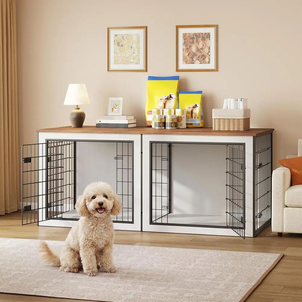 Wooden Double Dog Crate With Divider Indoor Kennel Furniture