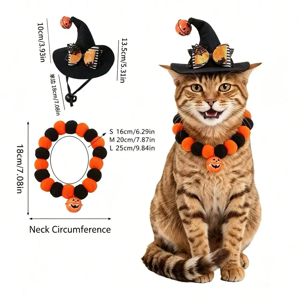 Halloween Pet Costume Set, 1 Pumpkin Witch Hat + 1 Bat Bowknot Pom-Pom Pumpkin Collar, Halloween Role-Playing Pet Costume