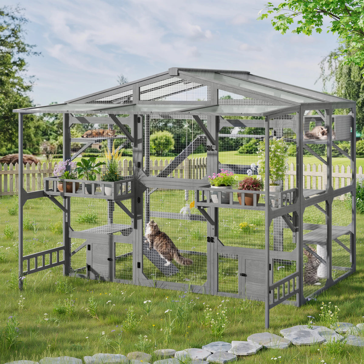 Extra Large Outdoor Cat Enclosure Wooden Catio with 6 Platforms & Suspension Bridge, Multi-Cat Playhouse for 6-10 Cats with Storage Shelves