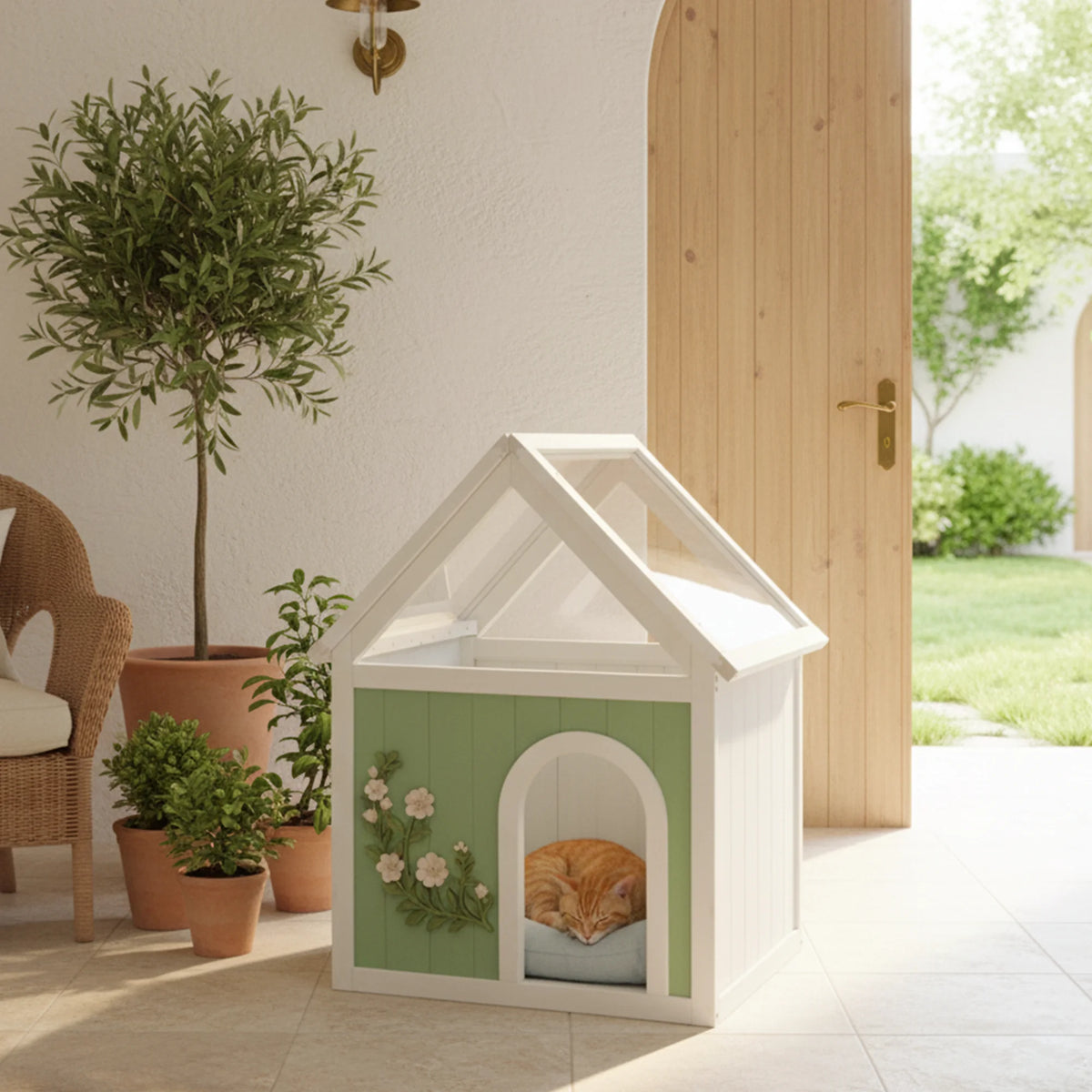 FSC Cedar Wood Cat House with Transparent Acrylic Roof, Multi-functional Indoor Pet Shelter Side Table, Non Toxic Finish, Easy Setup Cat Dog Villa for Scandinavian Japandi Home