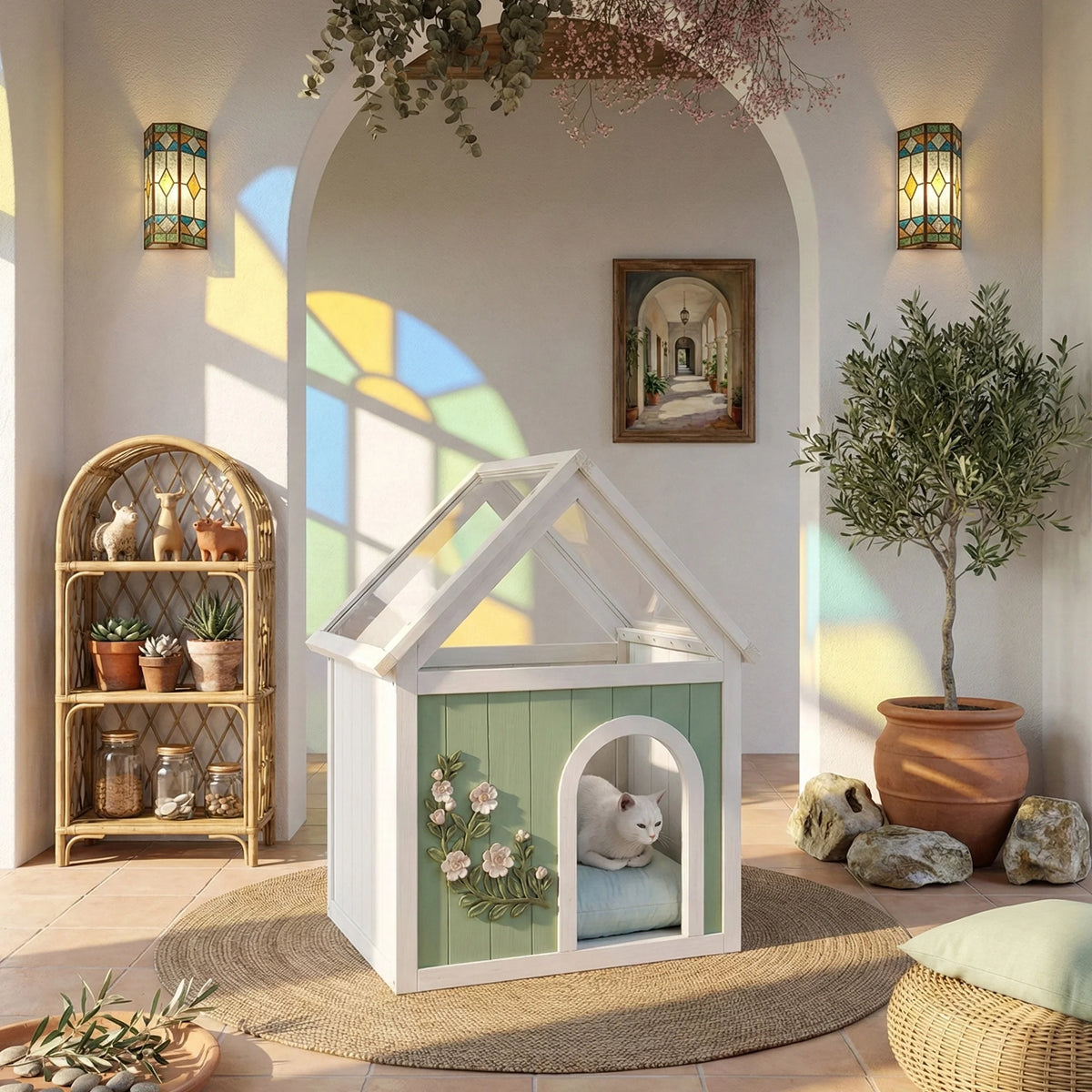 FSC Cedar Wood Cat House with Transparent Acrylic Roof, Multi-functional Indoor Pet Shelter Side Table, Non Toxic Finish, Easy Setup Cat Dog Villa for Scandinavian Japandi Home