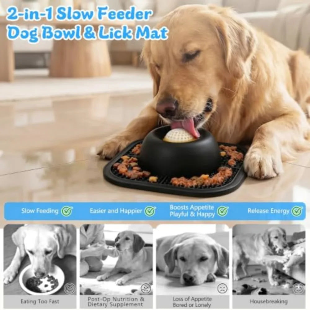 Interactive Slow Feeder Dog Bowl With Rolling Ball Lick Mat
