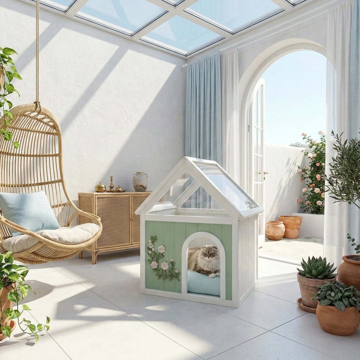 FSC Cedar Wood Cat House with Transparent Acrylic Roof, Multi-functional Indoor Pet Shelter Side Table, Non Toxic Finish, Easy Setup Cat Dog Villa for Scandinavian Japandi Home