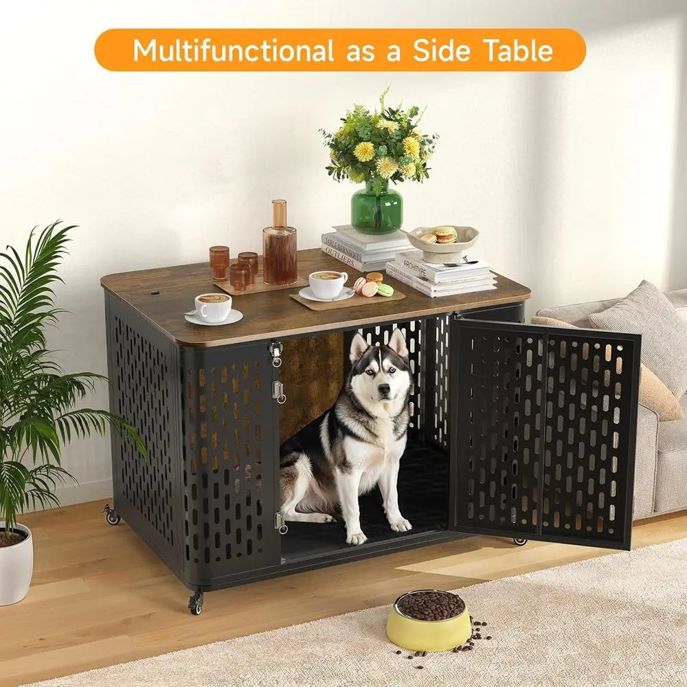 Heavy Duty Dog Crate urniture or Large and Medium Dogs, 43.7 Inch Large Dog Crate Kennel with lip Top & Cushion & Wheels, Ese Pr
