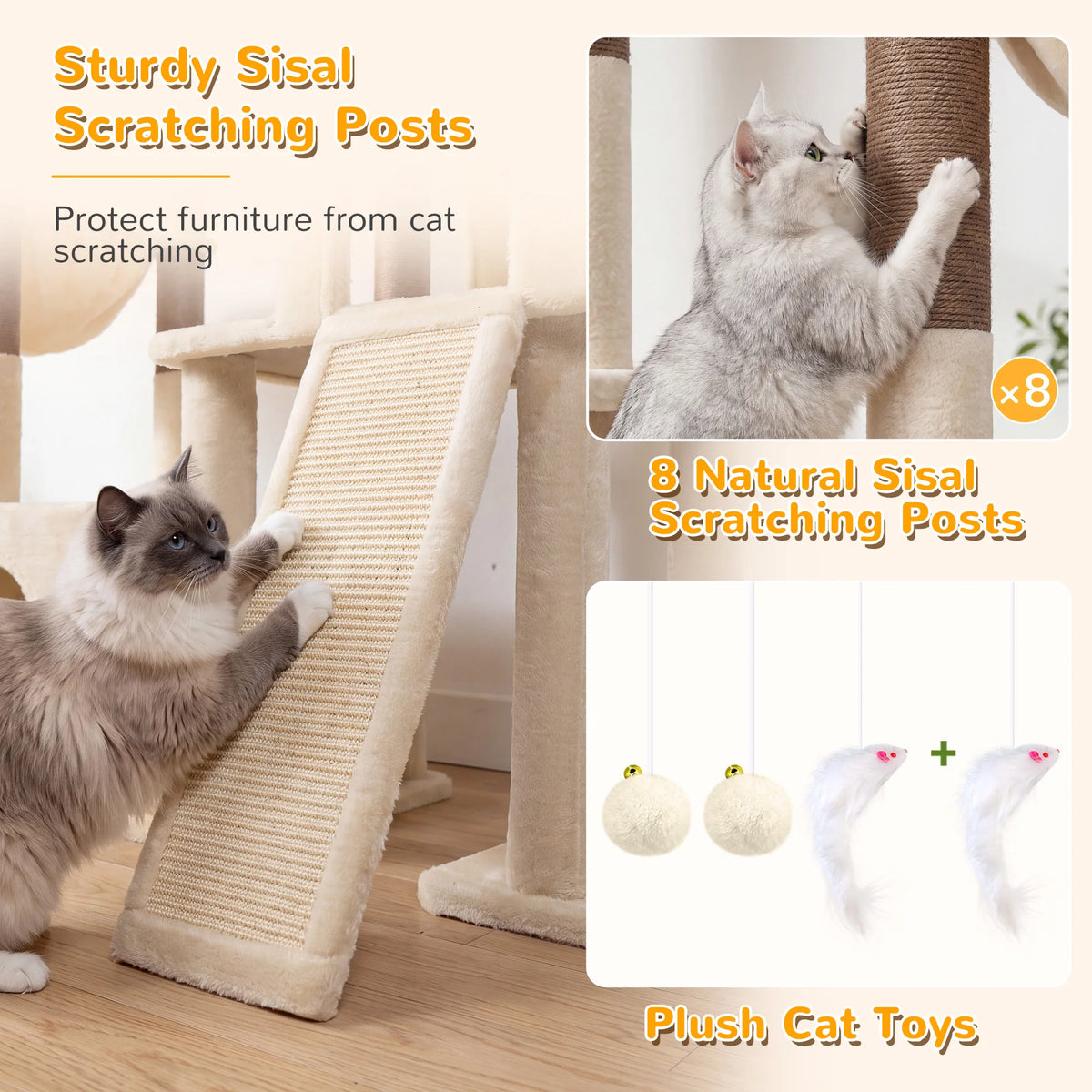 Globlazer 65 Inch Cat Scratcher Tree for Medium Large Cats Multi Level Cat Houses Condos with 3 Condos Cat Climbing Tower with 8 Sisal Posts 2 Hammocks Perches for 2-3 Cats