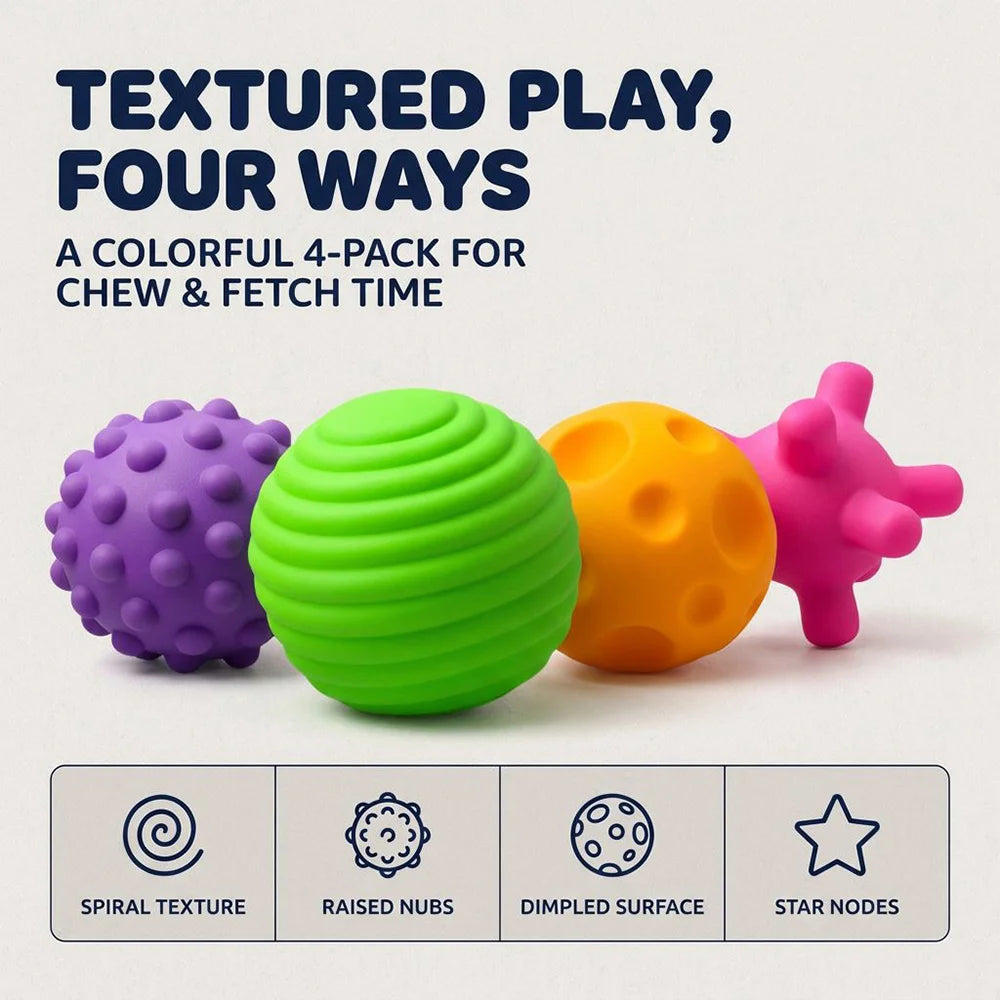 Dog Chew Toy Balls 4 Pack, Textured Soft Rubber Interactive Fetch Play Balls, High Quality Bite Resistant Pet Teething Toy, Colorful Design, Perfect Halloween Holiday Gift for Small Medium Dogs, Indoor & Outdoor Entertainment