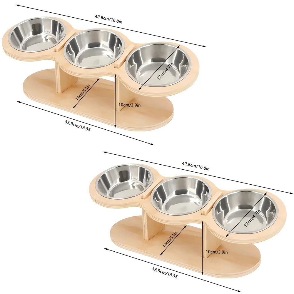 Raised Cat Feeder With Three Stainless Bowls And Tilted Stand