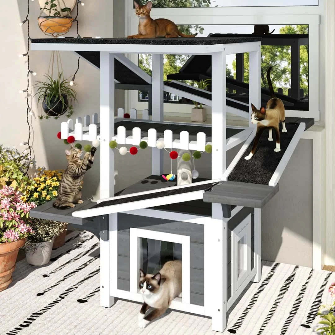 4 Tier Outdoor Cat House, Weatherproof Cat Tree Tower with Waterproof Roof, Feral Cat Shelter Outside Enclosure, Multi Level Cat Condo with Ramps, for Small Animals