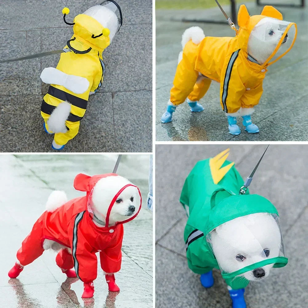 Cute Bear Shape Dog Raincoat With Hat Reflective Waterproof