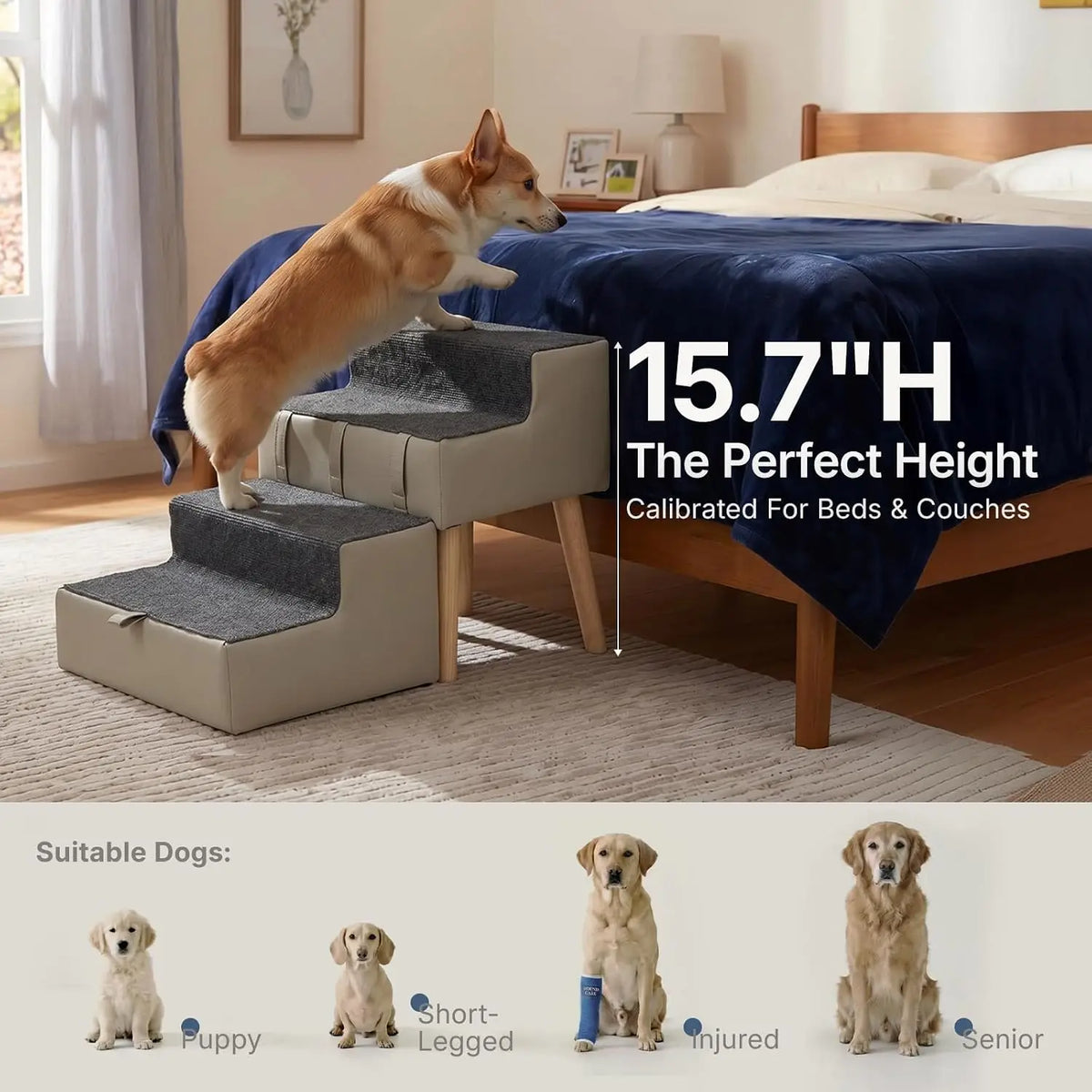 2-in-1 Foldable Dog Stairs & Ottoman, 15.7" H Dog Stairs for Small Dogs
