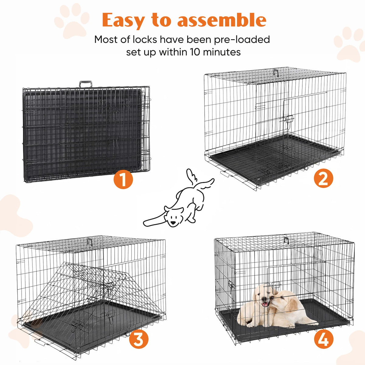 JHK Folding Double Door Dog Cage With Leak Proof Pan
