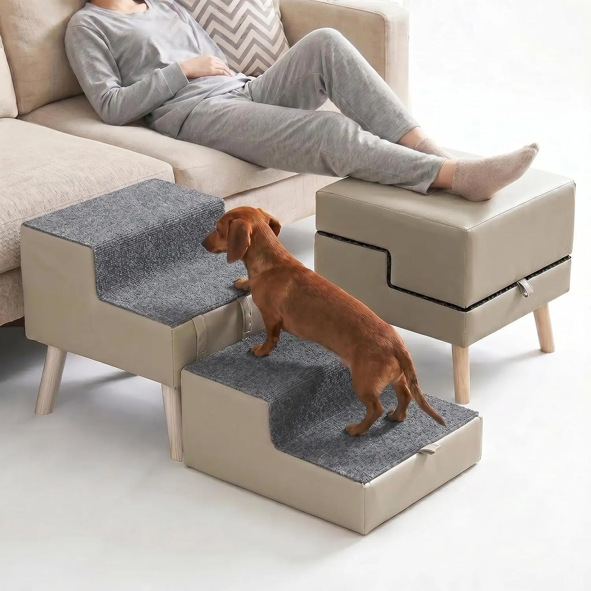 2-in-1 Foldable Dog Stairs & Ottoman, 15.7" H Dog Stairs for Small Dogs