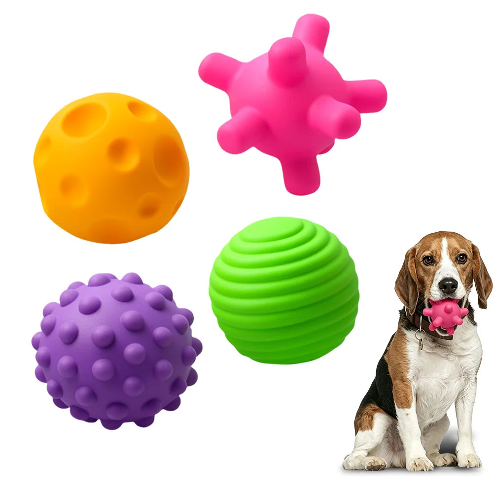 Dog Chew Toy Balls 4 Pack, Textured Soft Rubber Interactive Fetch Play Balls, High Quality Bite Resistant Pet Teething Toy, Colorful Design, Perfect Halloween Holiday Gift for Small Medium Dogs, Indoor & Outdoor Entertainment