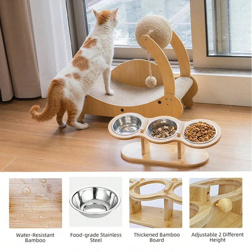 Raised Cat Feeder With Three Stainless Bowls And Tilted Stand