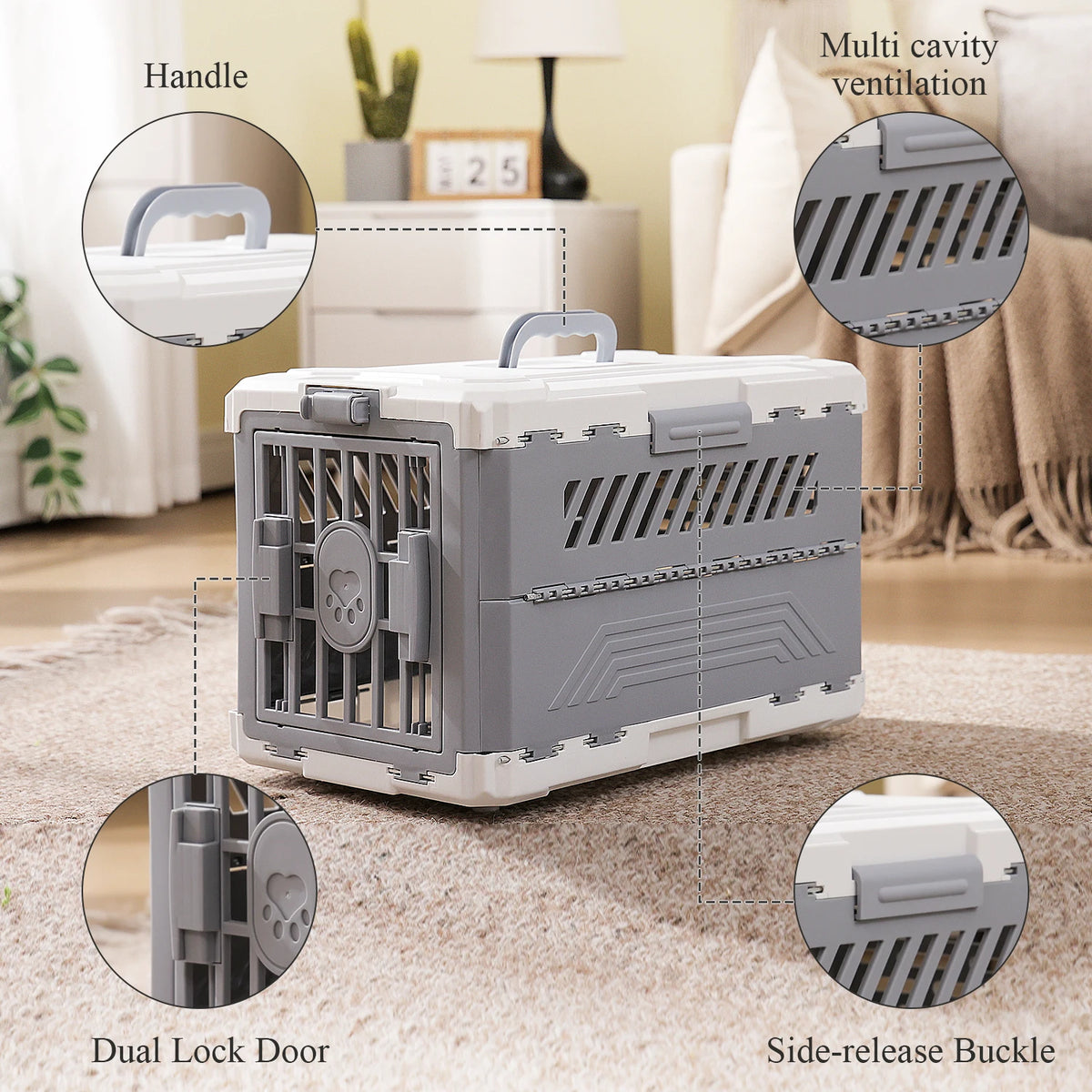 Foldable Pet Carrier, Collapsible Cat Dog Travel Crate with Secure Lock Door, Anti-Slip Mat, Portable Small Animal Kennel for Travel
