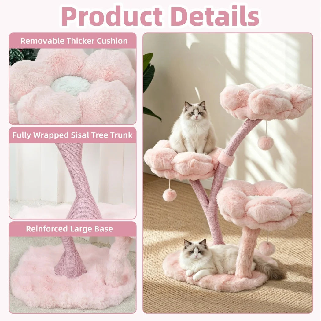 Borwart 4 Tier Pink Flower Cat Tree Tower With Toy