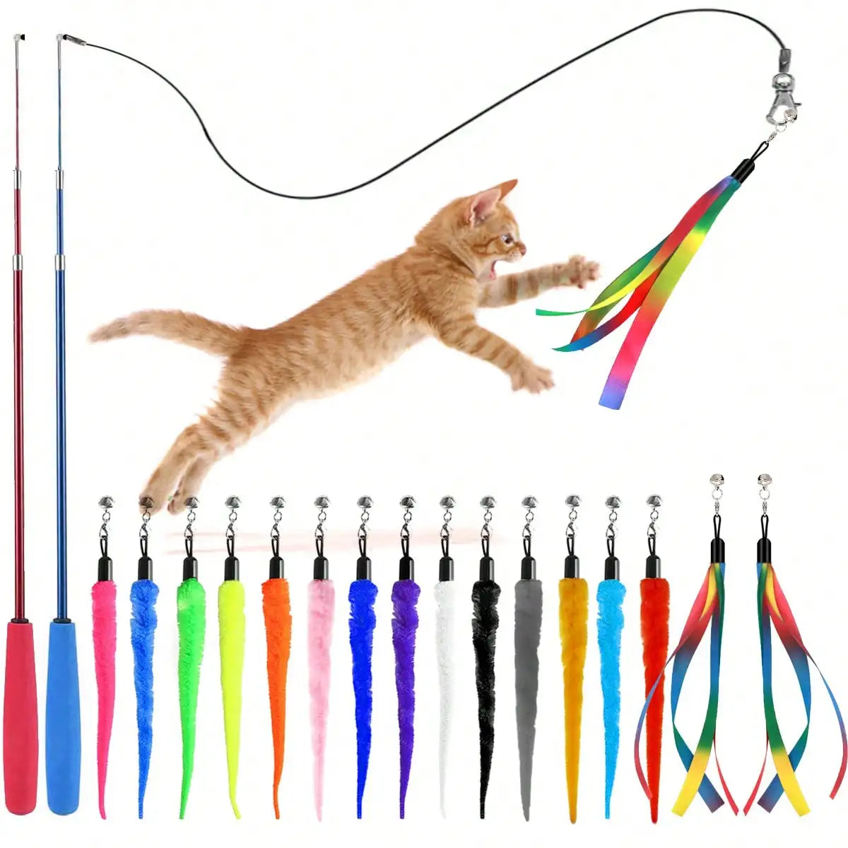 Interactive Cat Teaser Wand With Fuzzy Worm And Ribbon Refills