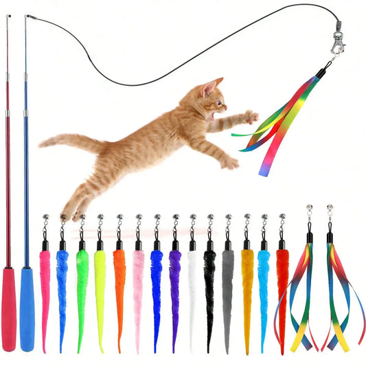 Interactive Cat Teaser Wand With Fuzzy Worm And Ribbon Refills