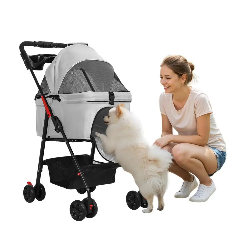 Foldable Pet Stroller for Dog Cat with Removable Carrier, Storage Basket and Cup Holder, Pet Carrying Cart Holds Up to 17.6lbs