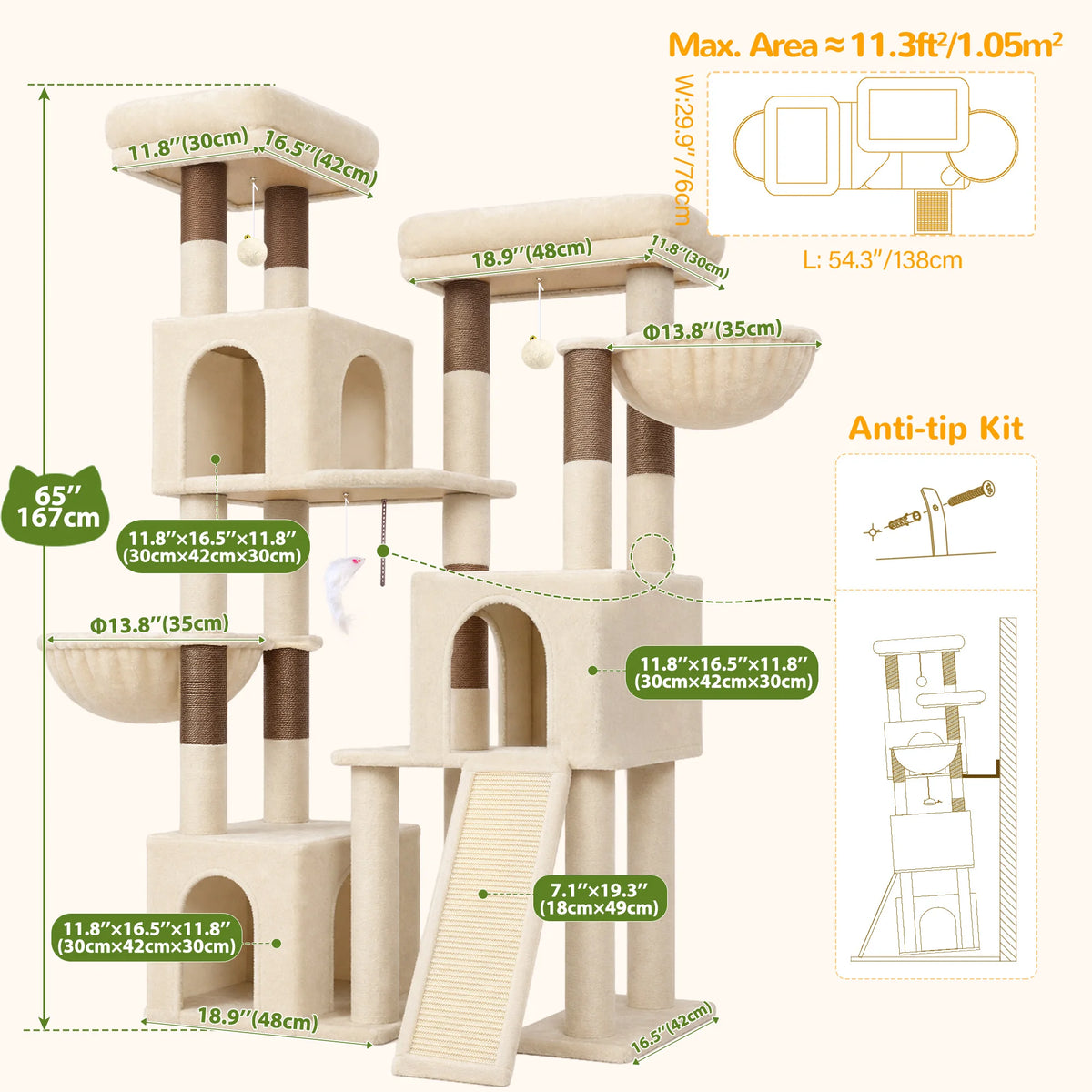 Globlazer 65 Inch Cat Scratcher Tree for Medium Large Cats Multi Level Cat Houses Condos with 3 Condos Cat Climbing Tower with 8 Sisal Posts 2 Hammocks Perches for 2-3 Cats