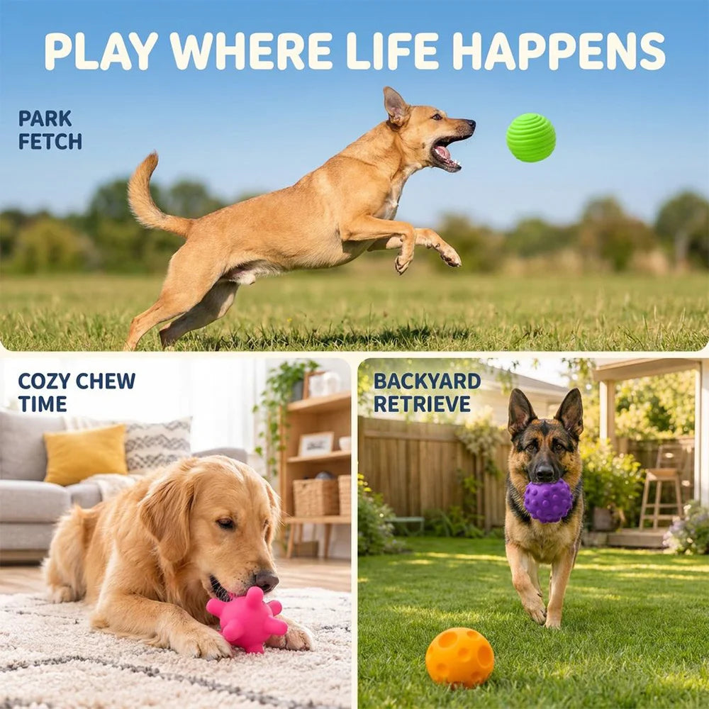 Dog Chew Toy Balls 4 Pack, Textured Soft Rubber Interactive Fetch Play Balls, High Quality Bite Resistant Pet Teething Toy, Colorful Design, Perfect Halloween Holiday Gift for Small Medium Dogs, Indoor & Outdoor Entertainment