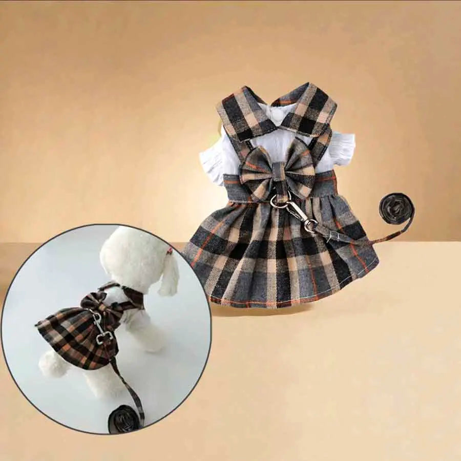Cute Plaid Pet Dress With Bowknot And Adjustable Leash