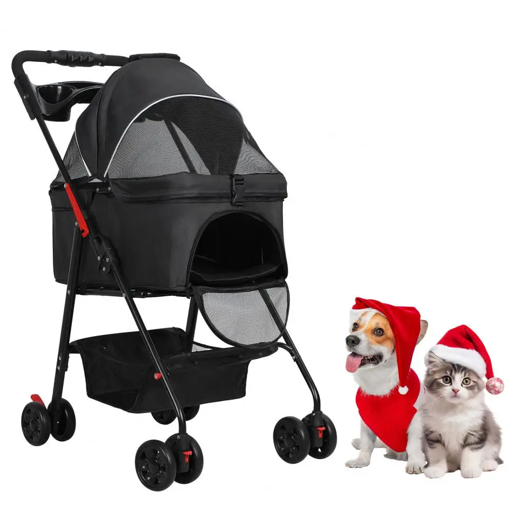 Foldable Pet Stroller for Dog Cat with Removable Carrier, Storage Basket and Cup Holder, Pet Carrying Cart Holds Up to 17.6lbs