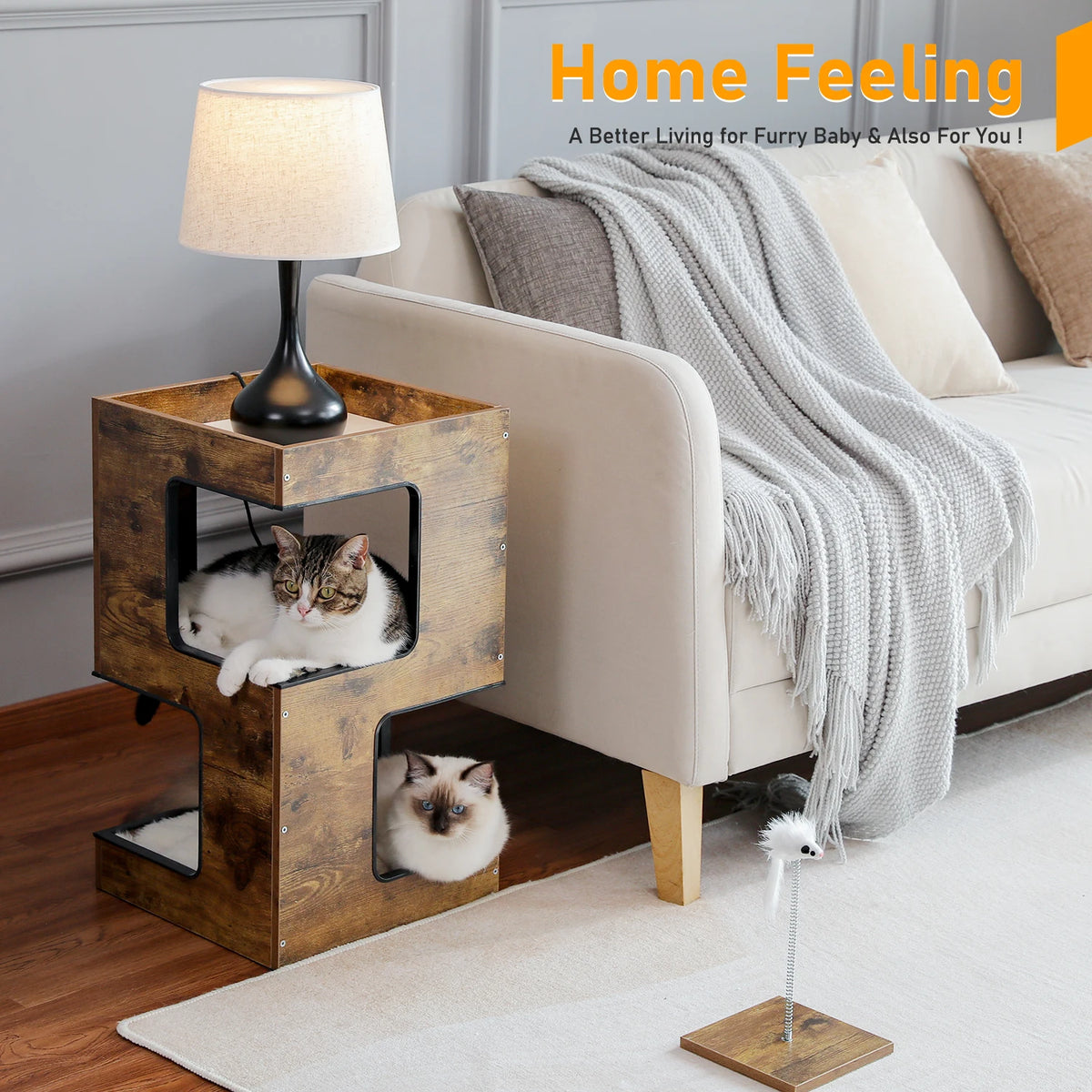 PAWZ Road Wood Cat Condo House Bed With Scratching Pad