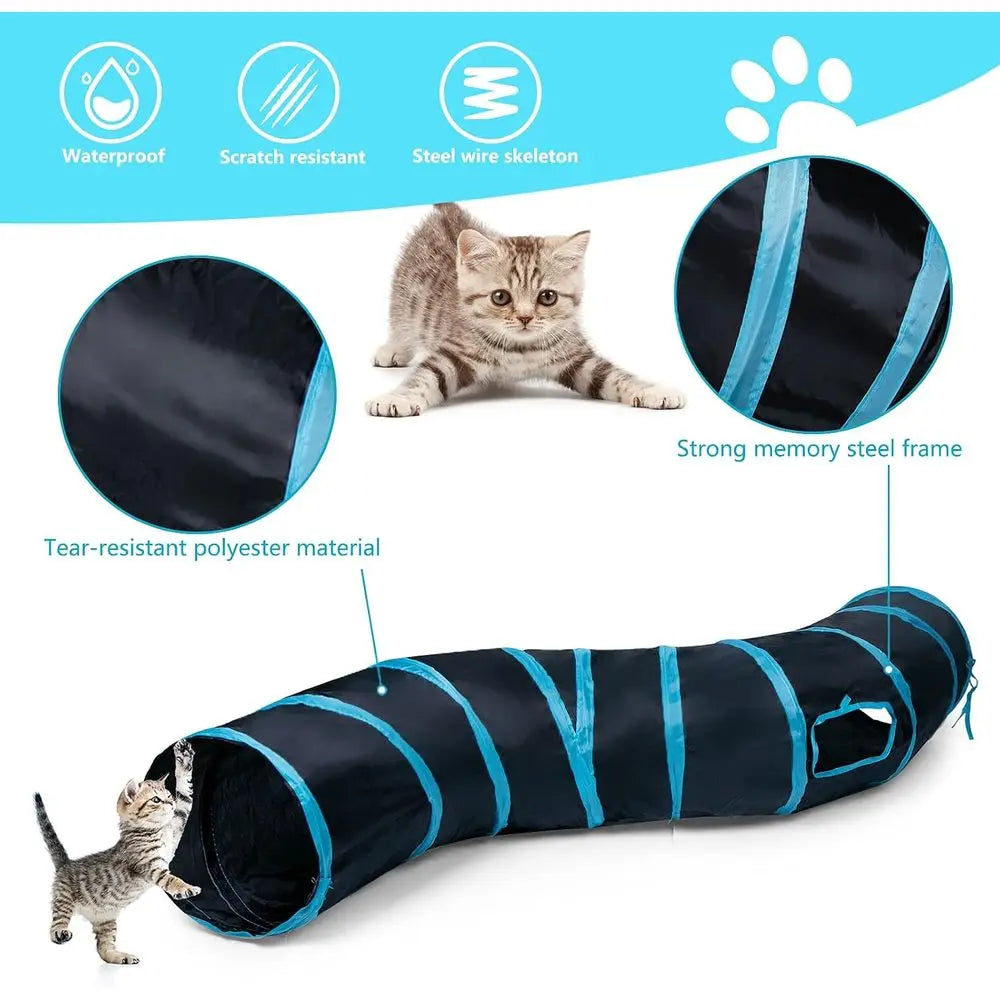 Collapsible Cat Play Tunnel, Interactive Toy Maze Cat House with 1 Play Ball for Cats, Puppies, Kittens, Rabbits (Blue & Black)