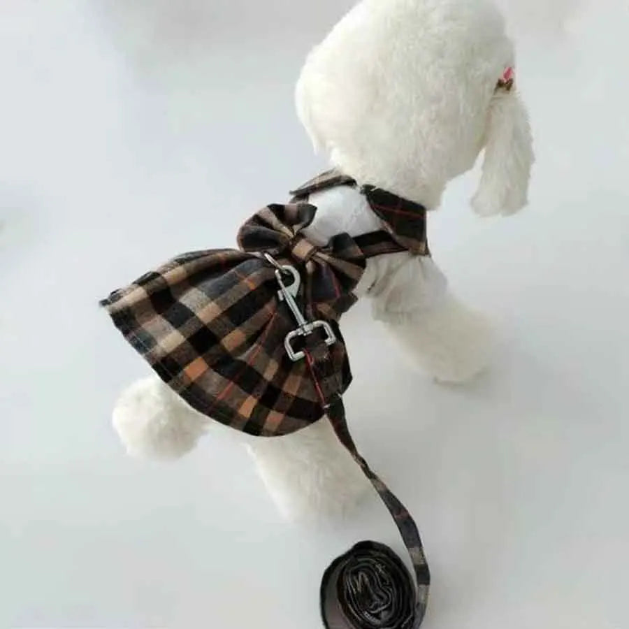 Cute Plaid Pet Dress With Bowknot And Adjustable Leash