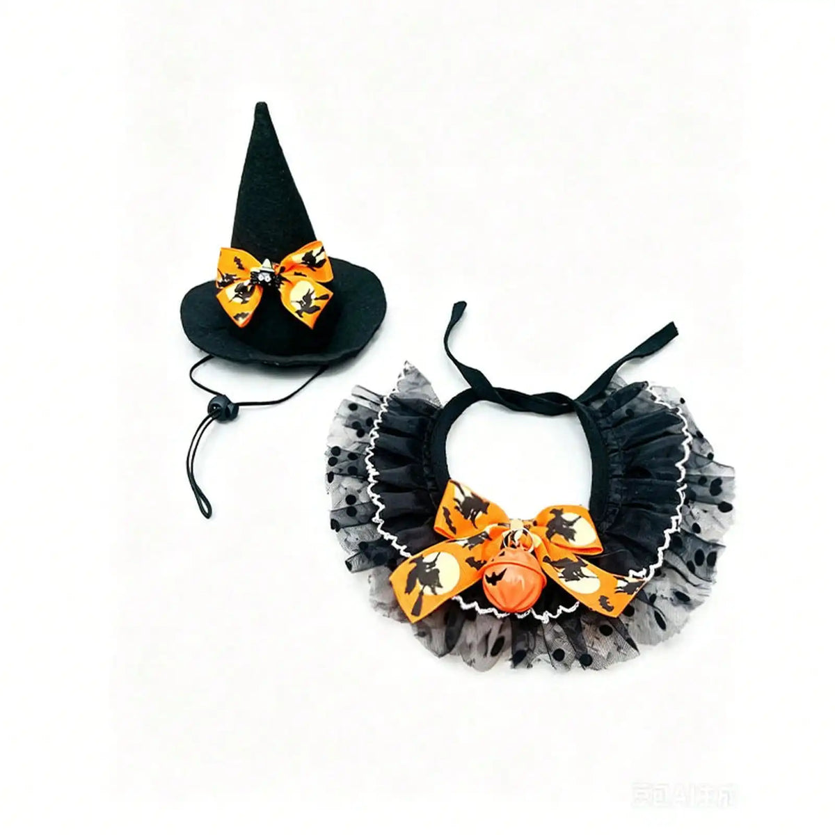 Halloween Pet Costume Set, Cat Dog Witch Hat And Pumpkin Lace Saliva Towel Collar, Adjustable Cute Neck Scarf Bandana