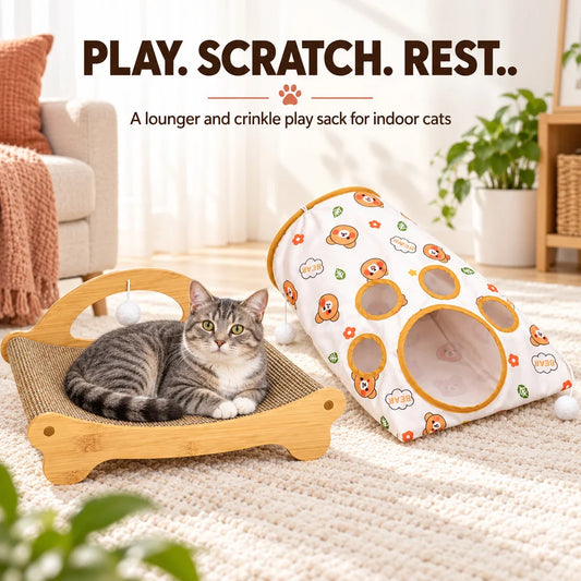 Zoe Cat Scratcher Lounger With Crinkle Tunnel Play Sack Jute And Sisal Blend Scratching Bed With Hanging Toys Foldable Cat Hideaway For Indoor Cats Resting Interactive Play And Hide And Seek