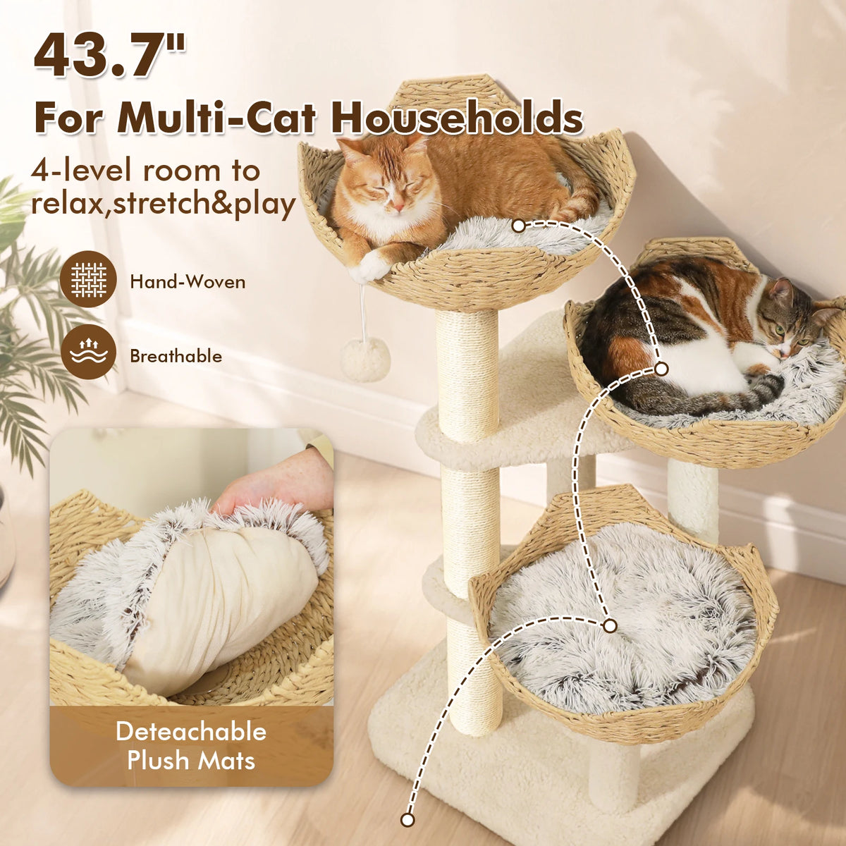 Modern Cat Tree with 3 Rattan Baskets Thick Cushions Sisal Scratching Posts Multi‑Level Cat Tower for Indoor Cats Large Cat Condo Pet Furniture Bed Cat Toys