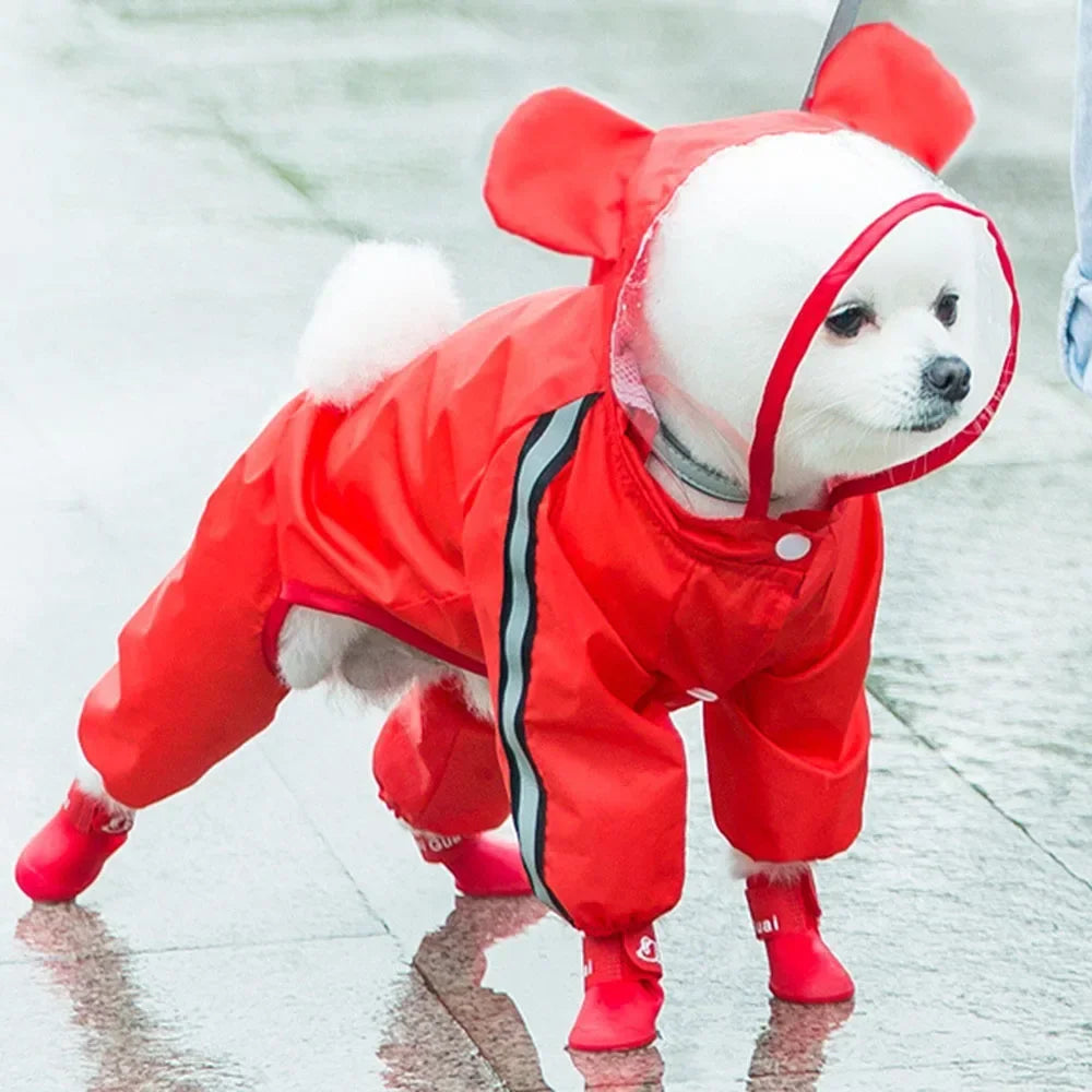 Cute Bear Shape Dog Raincoat With Hat Reflective Waterproof