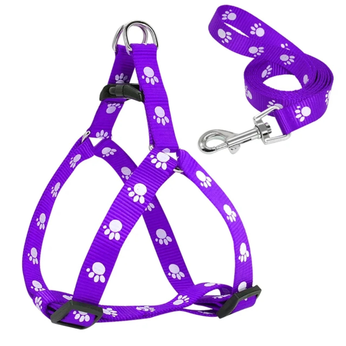 Nylon Paw Print Dog Harness And Leash Set Adjustable