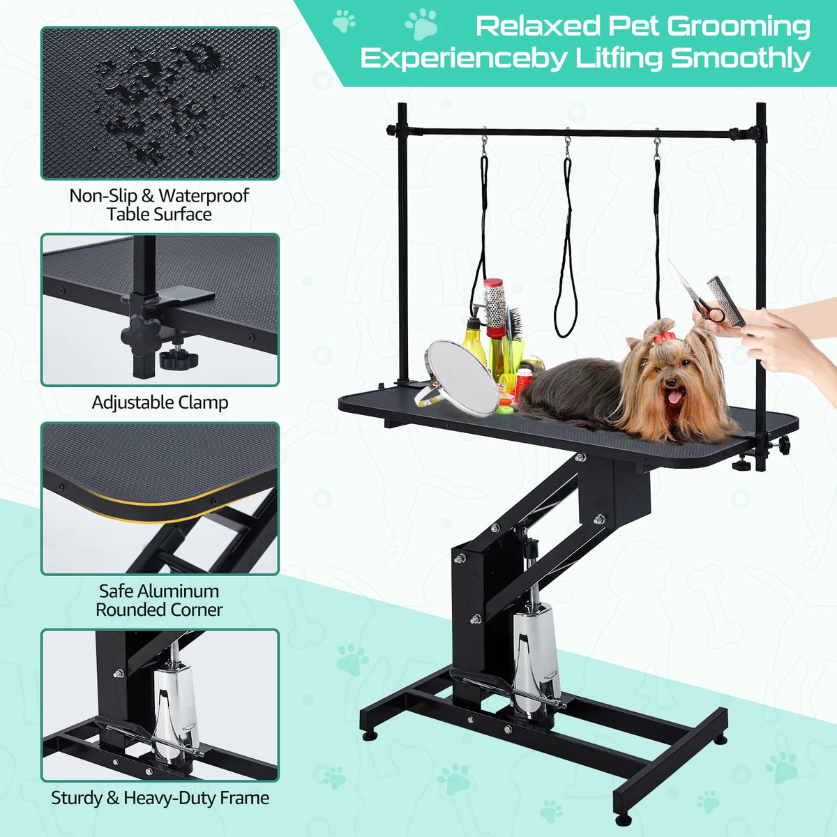 43" Hydraulic Dog Grooming Table, 350 LBS Heavy-Duty Pet Grooming Table with Overhead Arm, 3 Loops, Non-Slip Waterproof Top, Adjustable Height Dog Grooming Station for Medium Large Dogs