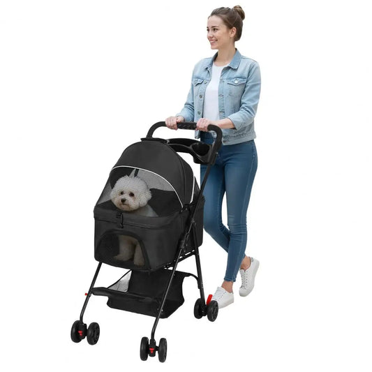 Foldable Pet Stroller for Dog Cat with Removable Carrier, Storage Basket and Cup Holder, Pet Carrying Cart Holds Up to 17.6lbs