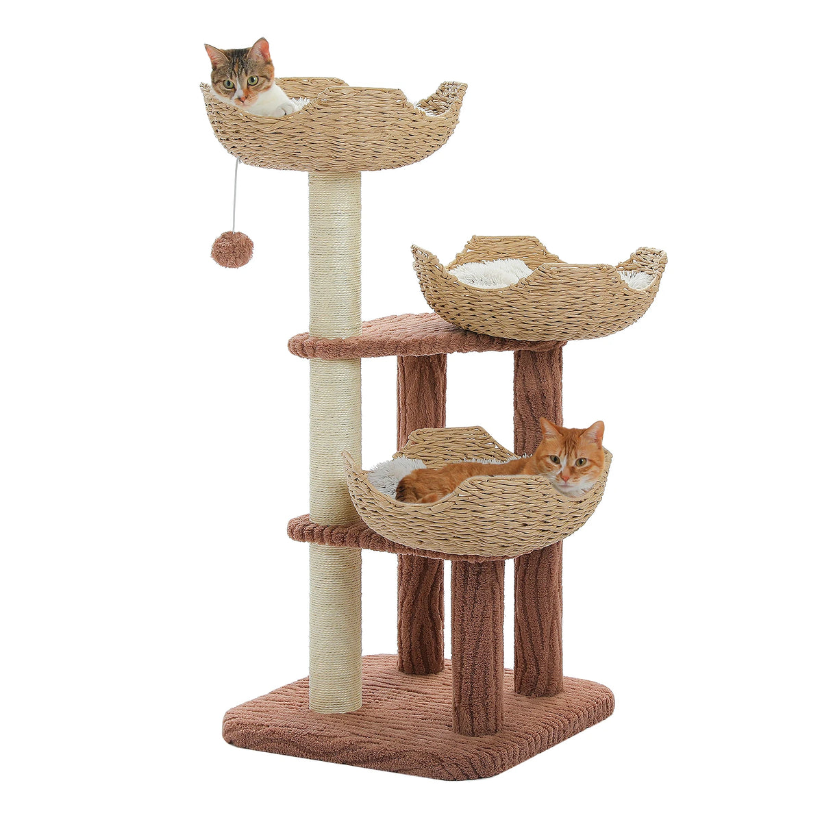 Modern Cat Tree with 3 Rattan Baskets Thick Cushions Sisal Scratching Posts Multi‑Level Cat Tower for Indoor Cats Large Cat Condo Pet Furniture Bed Cat Toys