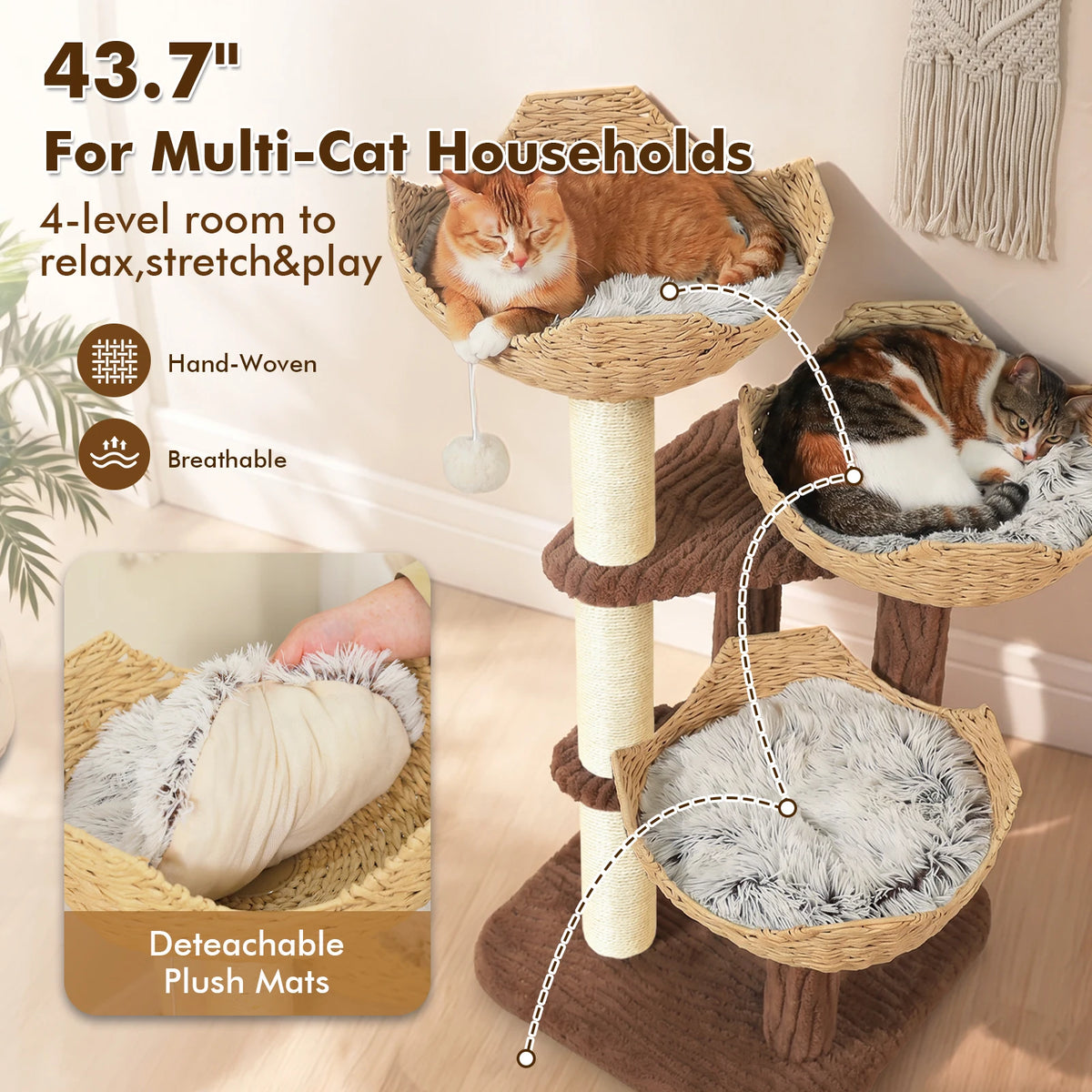 Modern Cat Tree with 3 Rattan Baskets Thick Cushions Sisal Scratching Posts Multi‑Level Cat Tower for Indoor Cats Large Cat Condo Pet Furniture Bed Cat Toys