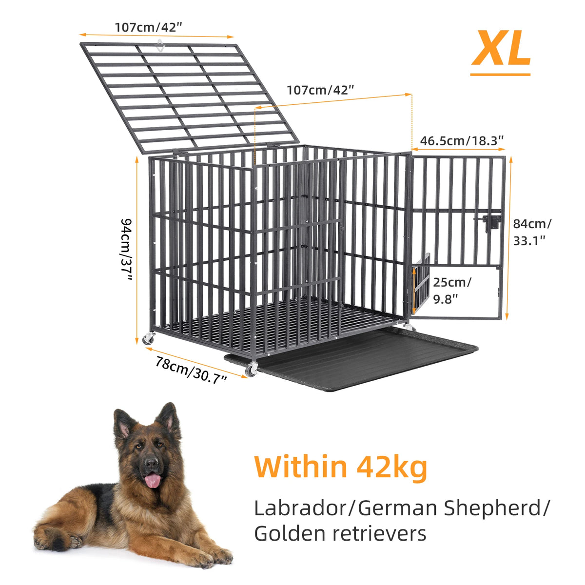 BORWART Heavy Duty Metal Dog Crate With Tray And Wheels