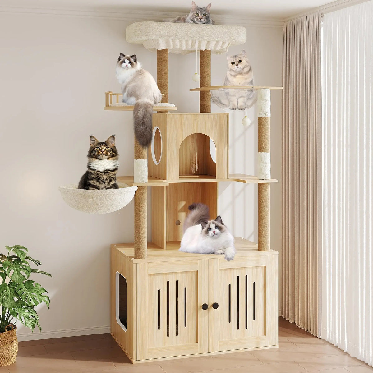 Multi-Level Cat Tree with Hidden Litter Box Enclosure Sisal Scratching Posts Condo & Hammock for Large Indoor Cats Modern Litter Box Furniture