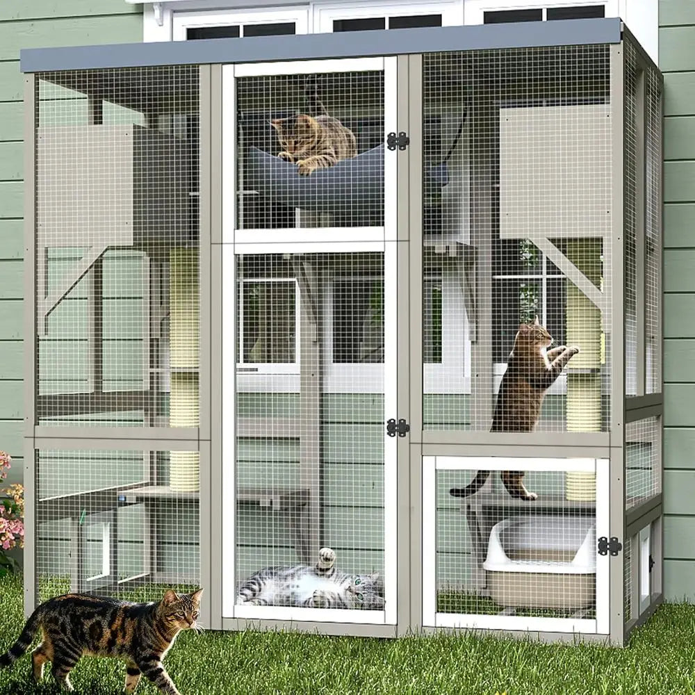 Catio Outdoor Cat Enclosure or Multiple Cats, Walk-in Cat House, Window Contion, 7 Platorms, 2 Rooms, 2 Scratch Posts, Hammock,
