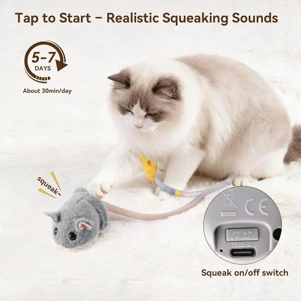 Interactive Mini Mouse Cat Toy 360° Rolling & Spin with Mesh Plastic Tail or Indoor Cats Smart Motion Sensor, Realistic Squeak