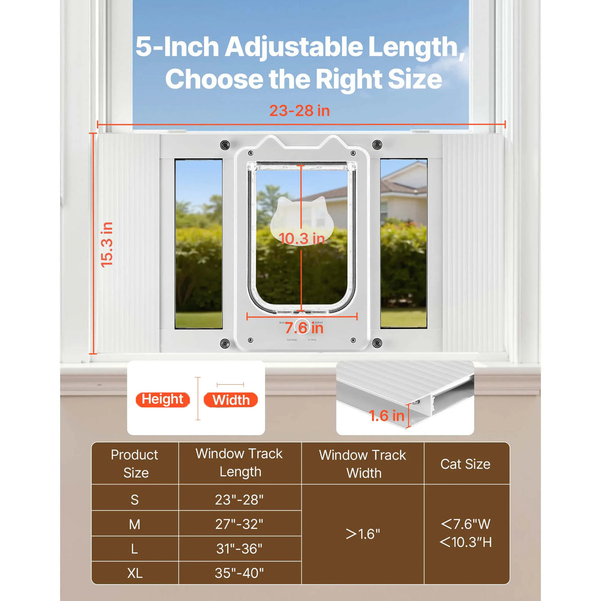 SucceBuy Cat Door for Window Adjustable to Fit Window Width 23"-28" 4 Secure Lock Modes Magnetic Closure Pet Door for Cats White