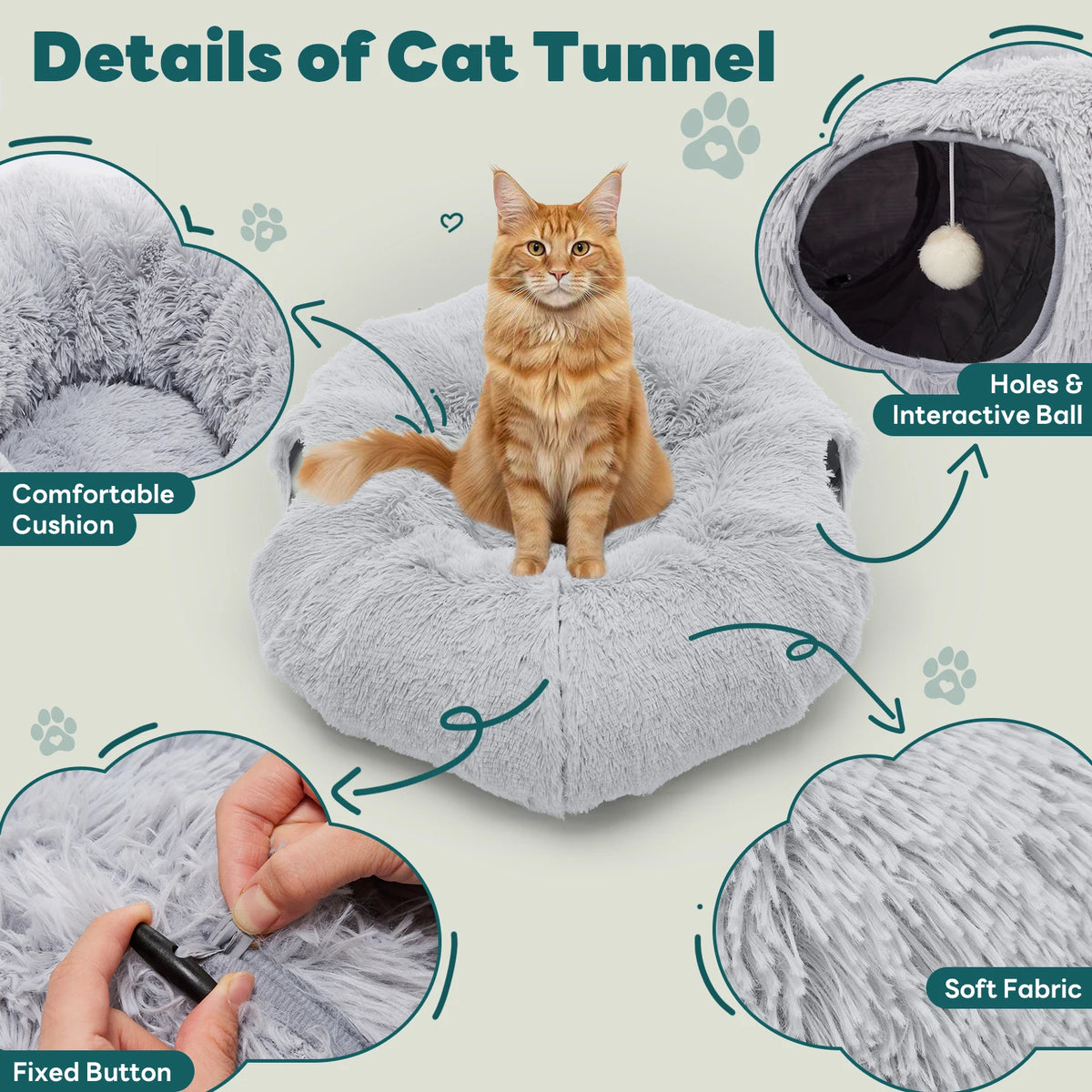 JHK Cat Tunnel Bed With Soft Plush Washable Indoor Playground