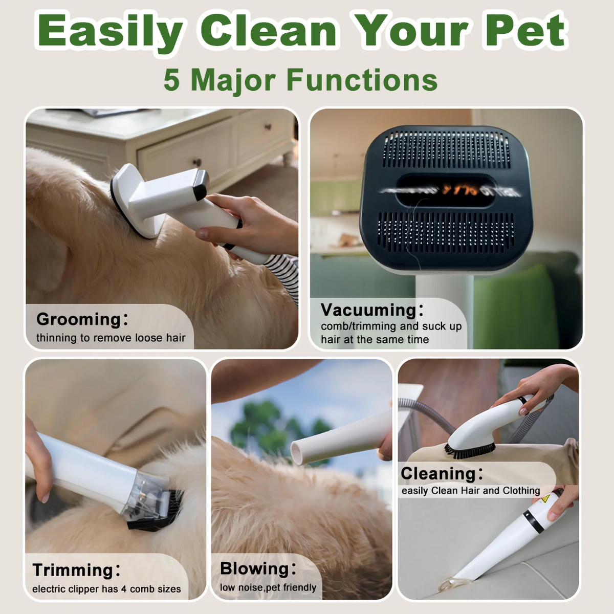 5-in-1 Quiet Pet Grooming Kit Vacuum Dryer Clipper for Dogs