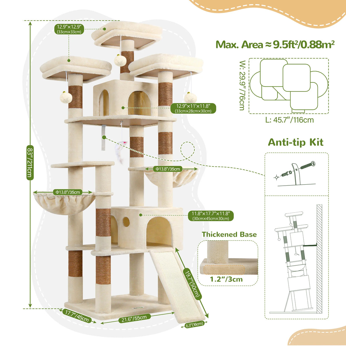 Globlazer 83" Big Cat Tree Tower for 4+ Multiple Large Cats Multi-Level Cat Climbing Activity Center with Sisal Scratching Posts 2 Condos 2 Hammocks 3 Perches Hanging Toys